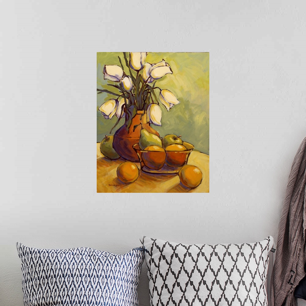 A bohemian room featuring A vertical contemporary painting of a glass vase of eloquent flowers with pears and oranges.