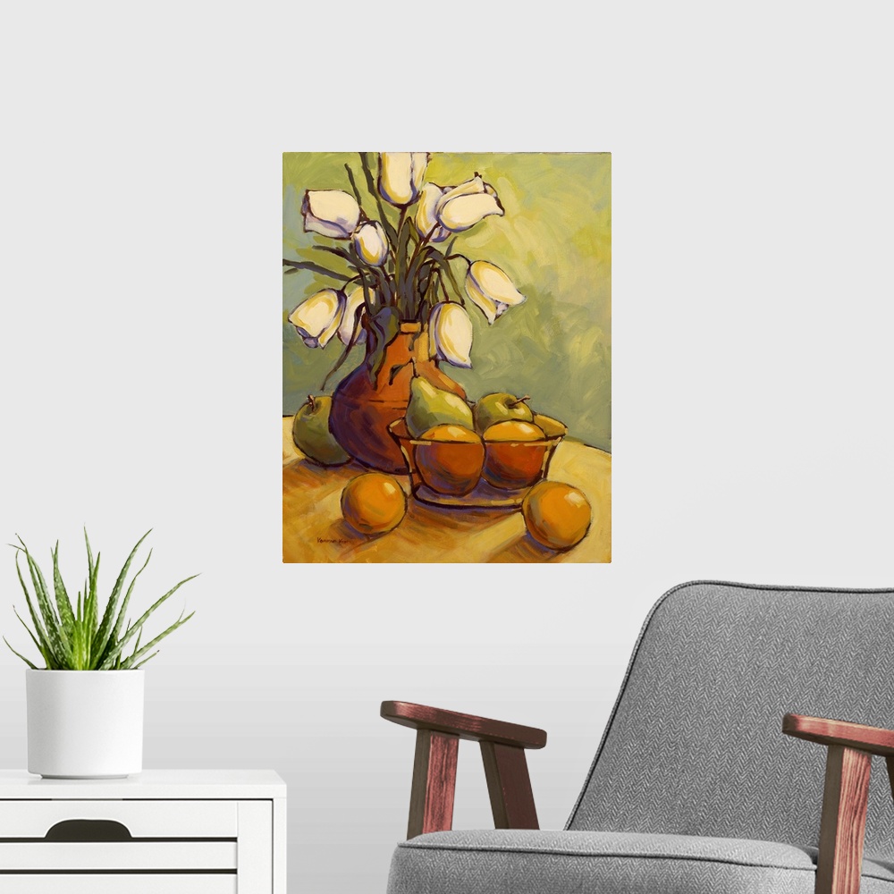 A modern room featuring A vertical contemporary painting of a glass vase of eloquent flowers with pears and oranges.