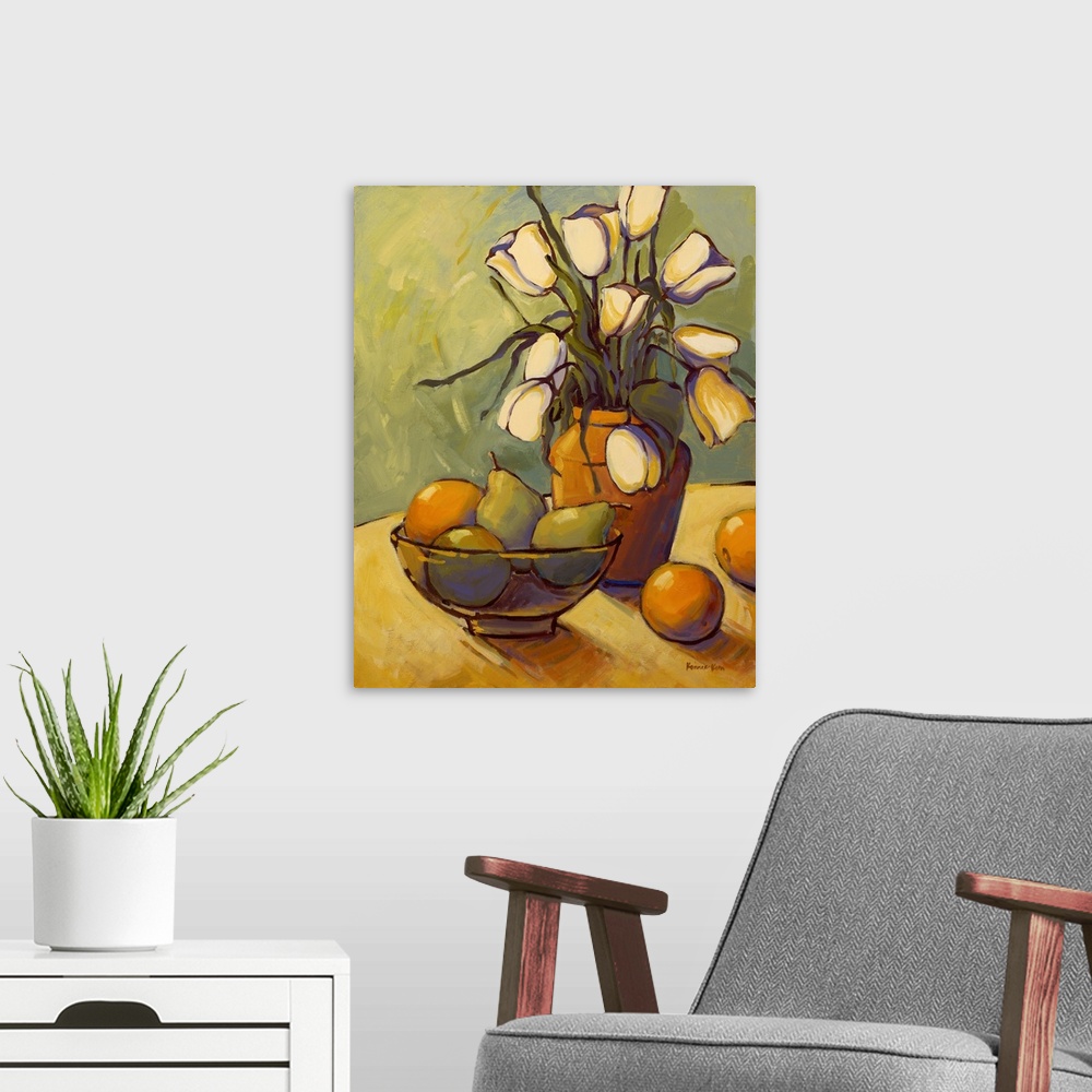 A modern room featuring A vertical contemporary painting of a glass vase of eloquent flowers with pears and oranges.