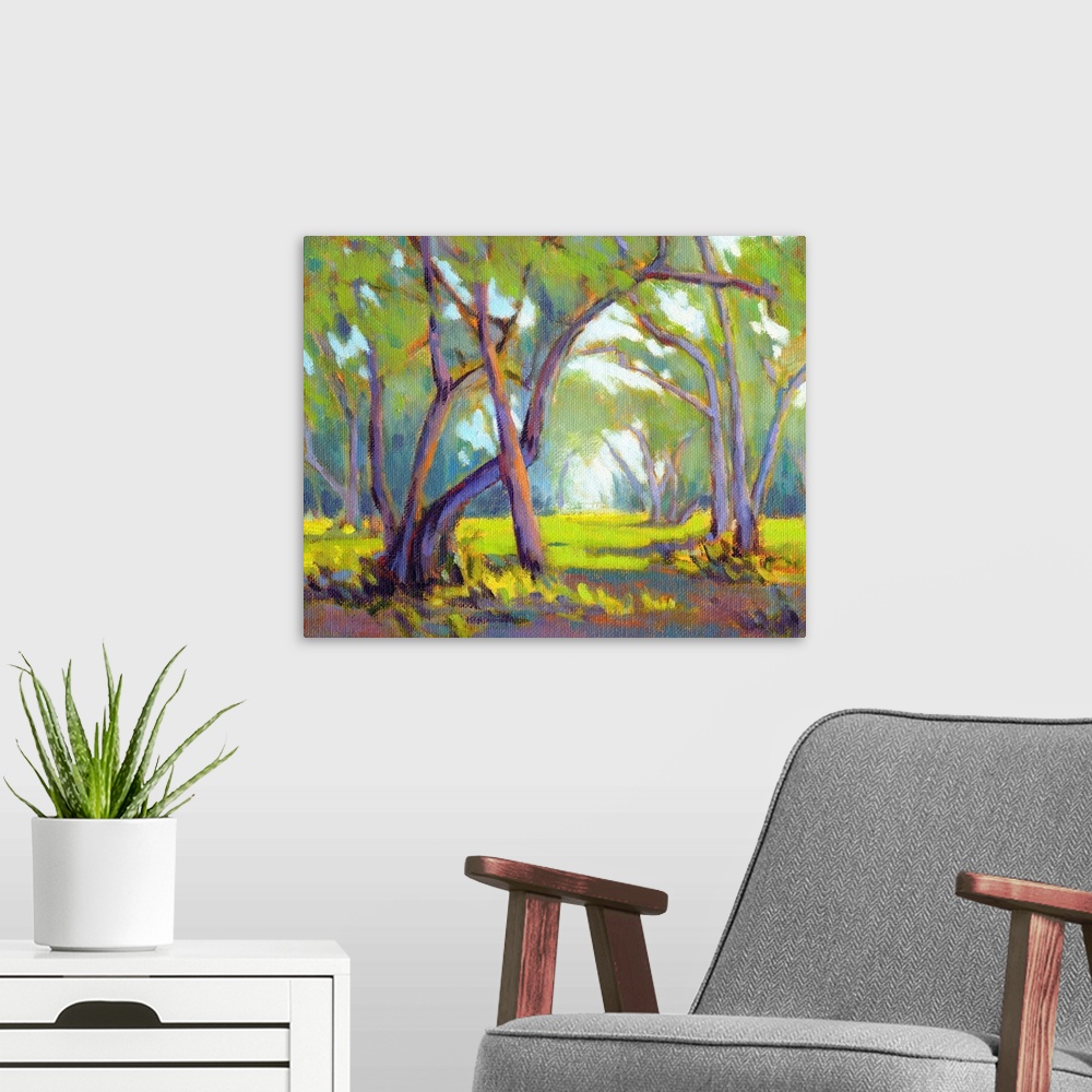 A modern room featuring A horizontal contemporary painting of  forest.