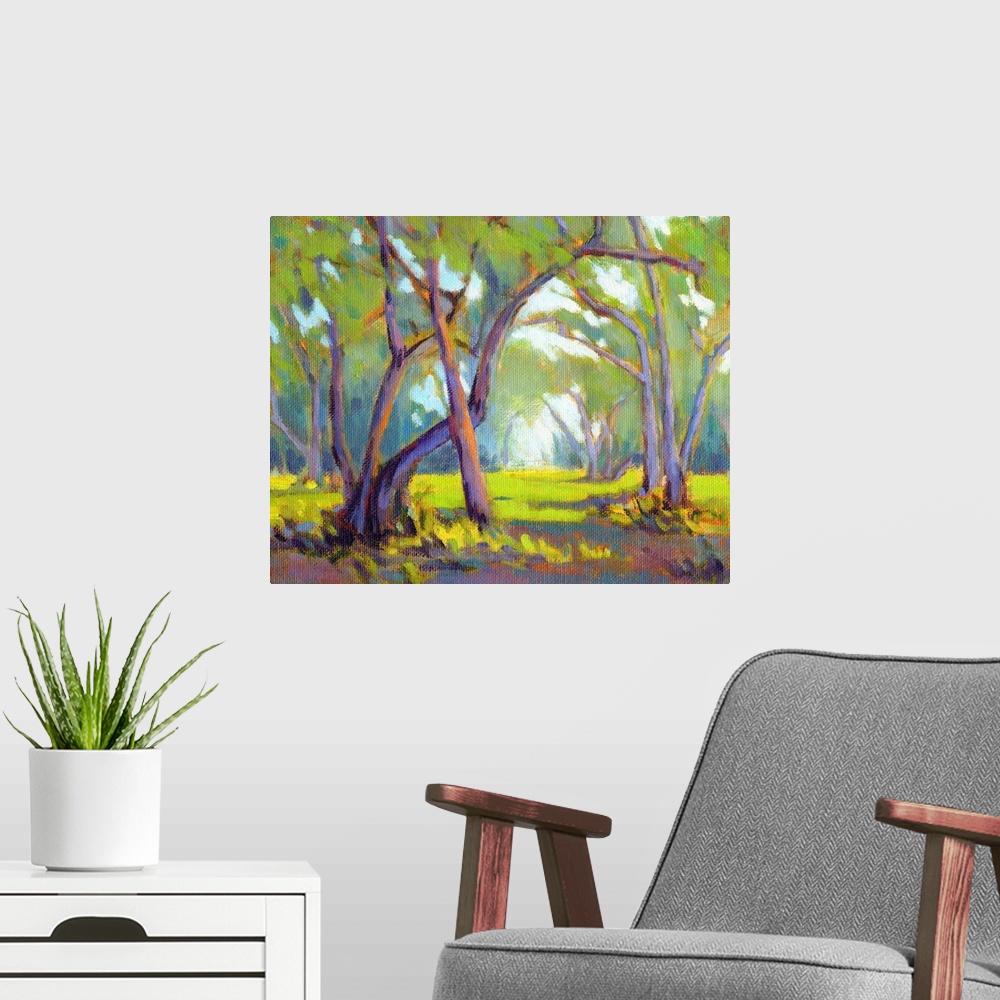 A modern room featuring A horizontal contemporary painting of  forest.