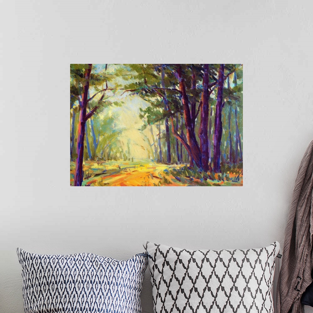 A bohemian room featuring A horizontal contemporary painting of path through a forest.