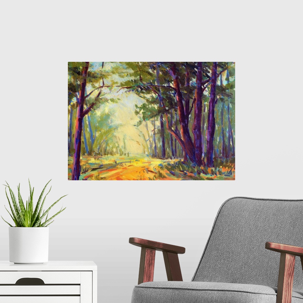 A modern room featuring A horizontal contemporary painting of path through a forest.