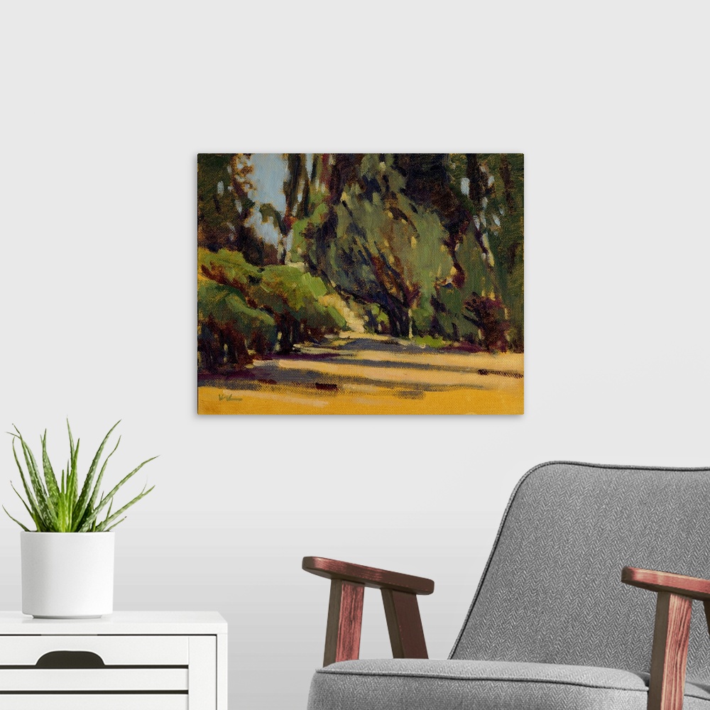 A modern room featuring A contemporary painting of a small divide in a forest.