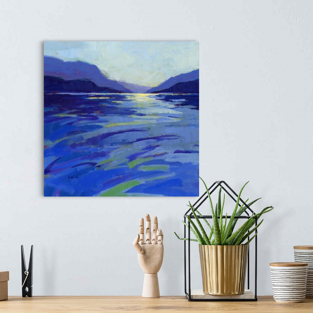 A bohemian room featuring A square contemporary painting in colorful brush strokes of waves in the water.