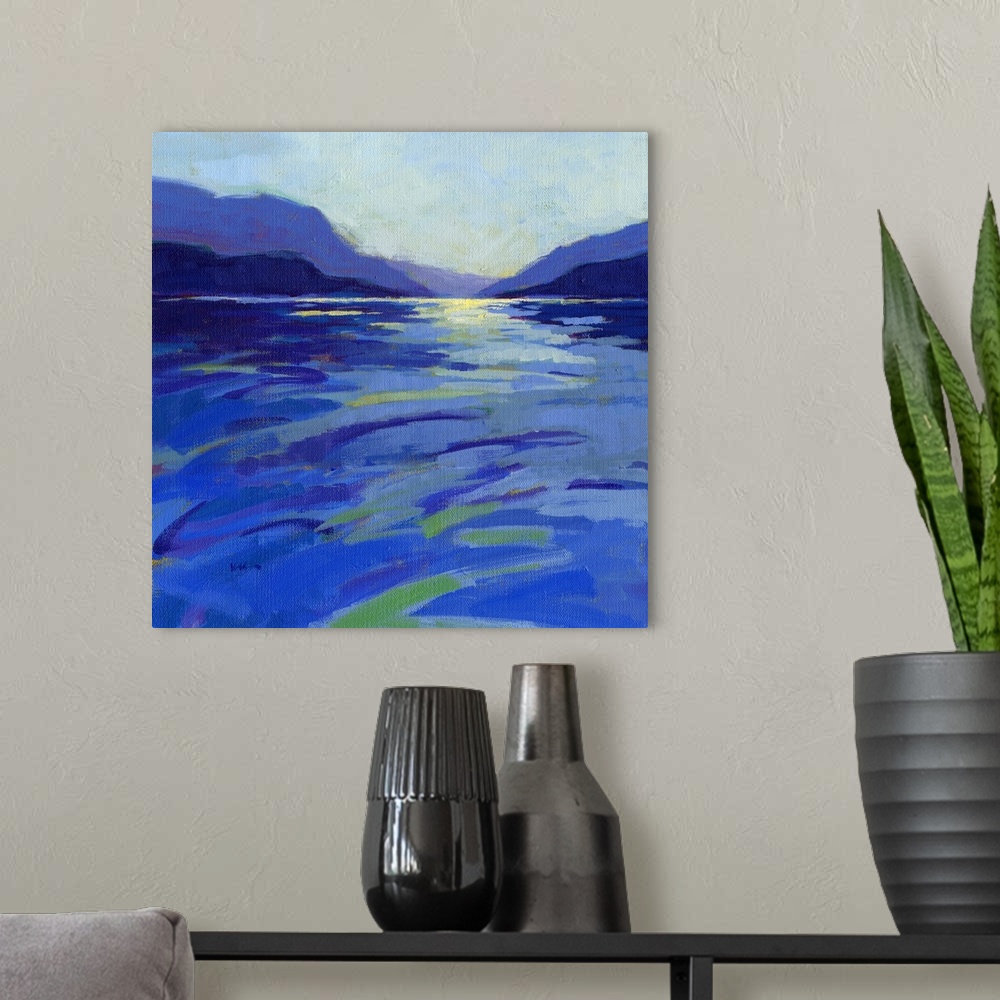 A modern room featuring A square contemporary painting in colorful brush strokes of waves in the water.