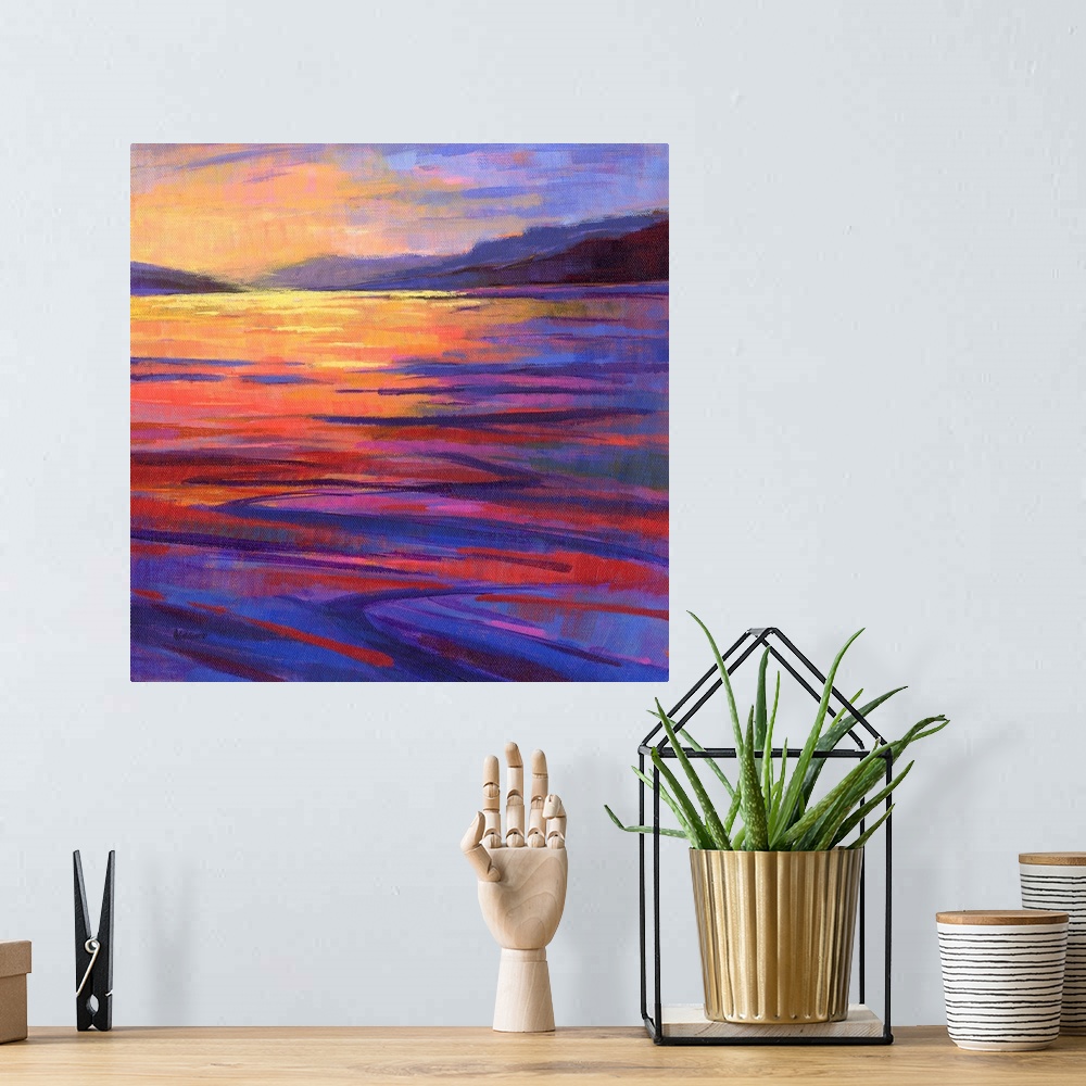 A bohemian room featuring A square contemporary painting of waves in the water at sunset.