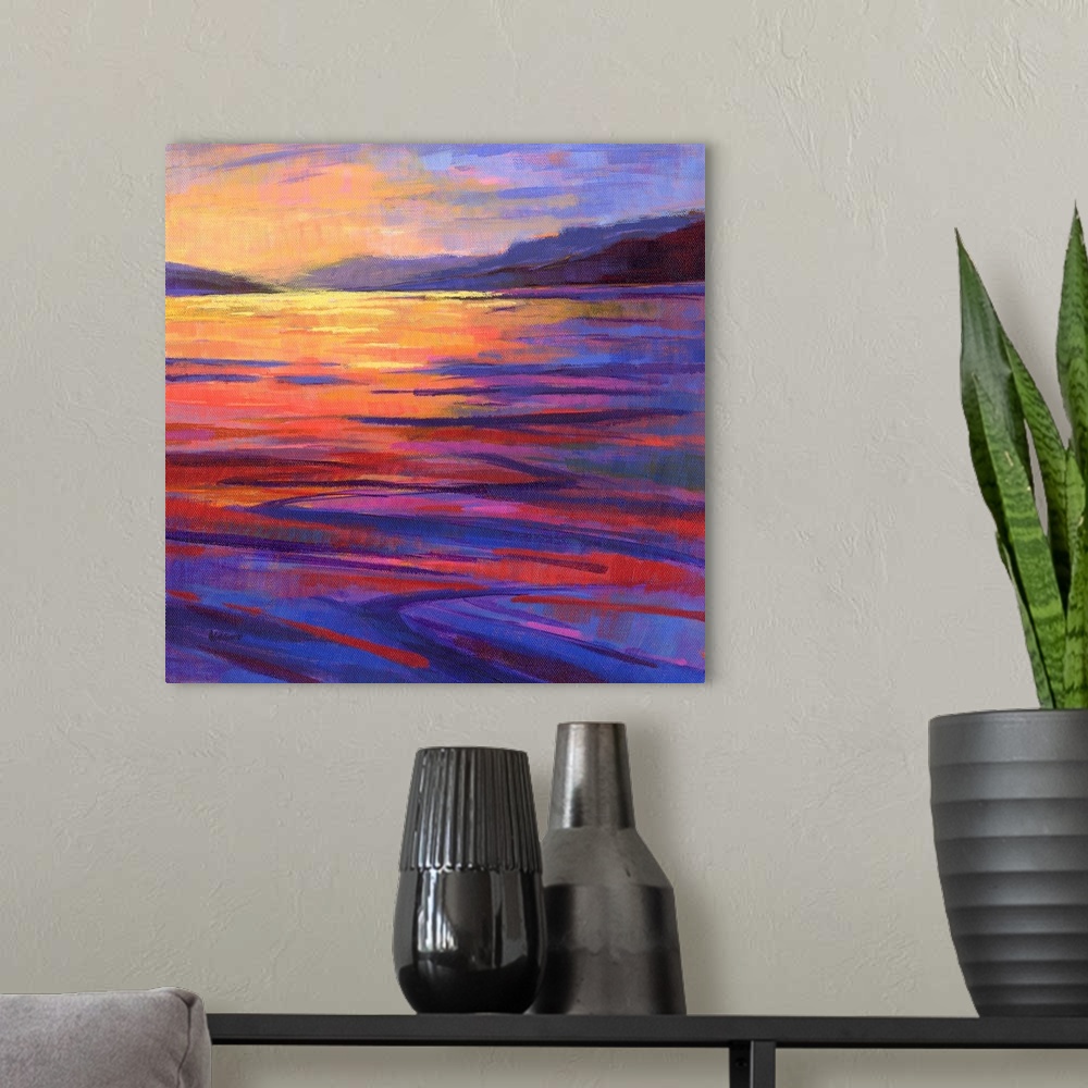 A modern room featuring A square contemporary painting of waves in the water at sunset.