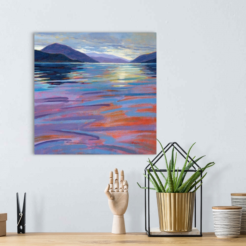 A bohemian room featuring A square contemporary painting in colorful brush strokes of waves in the water by sunrise.