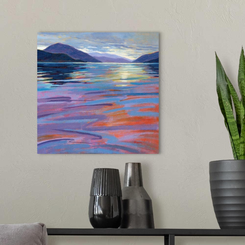 A modern room featuring A square contemporary painting in colorful brush strokes of waves in the water by sunrise.