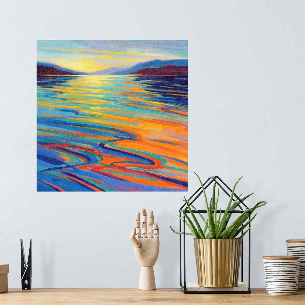 A bohemian room featuring A square contemporary painting in colorful brush strokes of waves in the water by sunset.