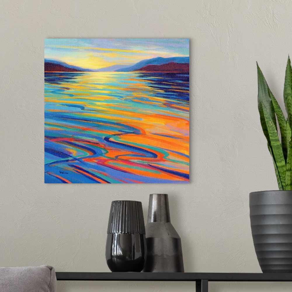 A modern room featuring A square contemporary painting in colorful brush strokes of waves in the water by sunset.