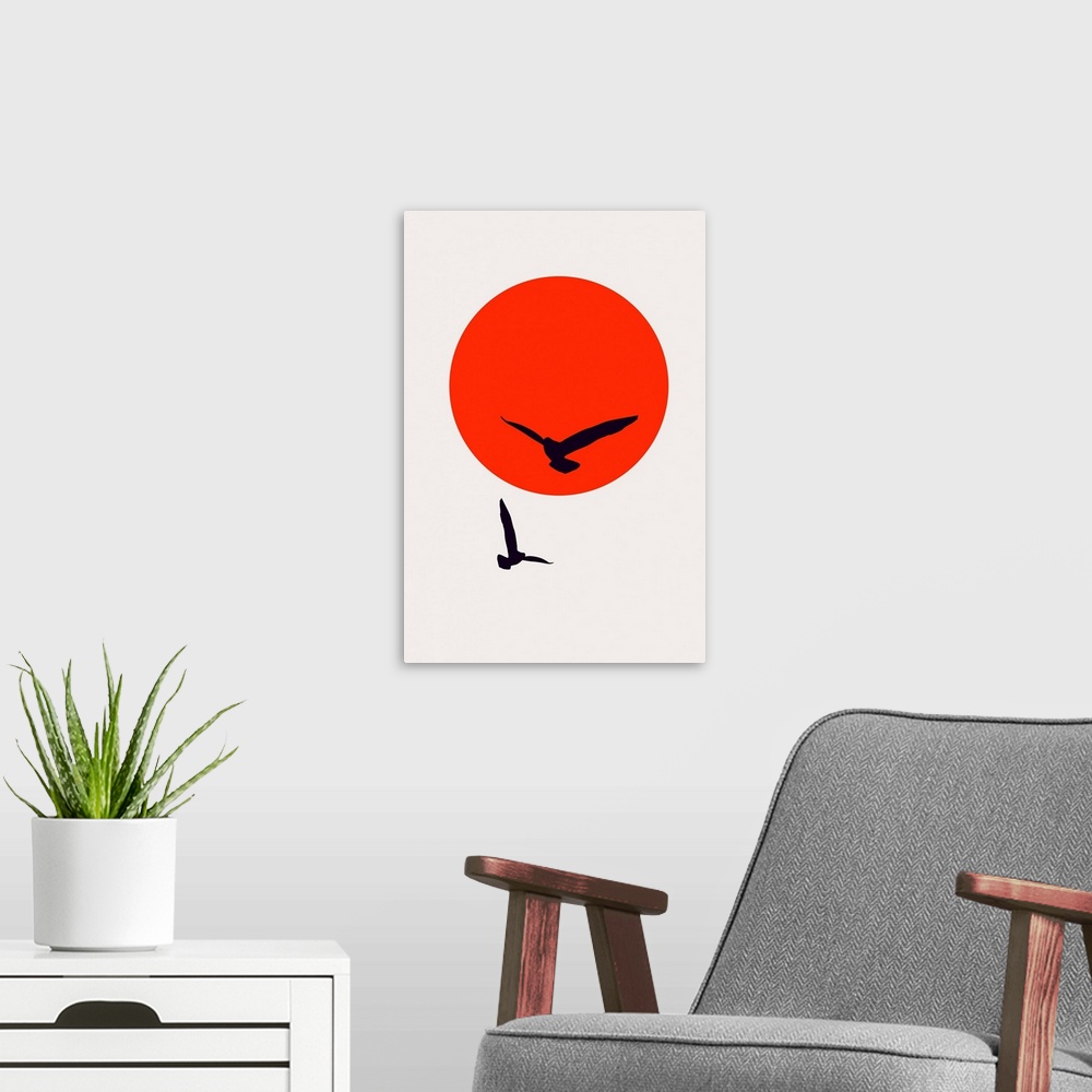 A modern room featuring Birds In The Sky - Red