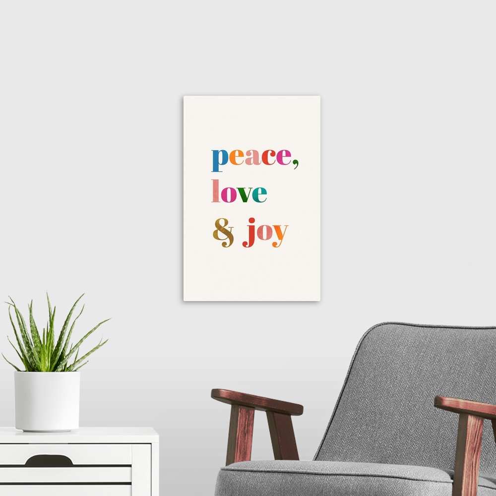 A modern room featuring Peace, Love, & Joy