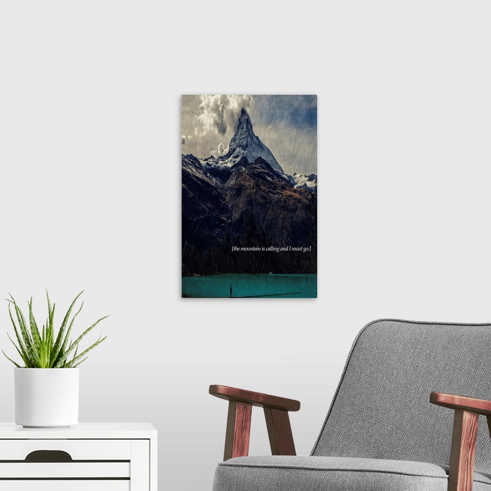 A modern room featuring The Mountain Is Calling