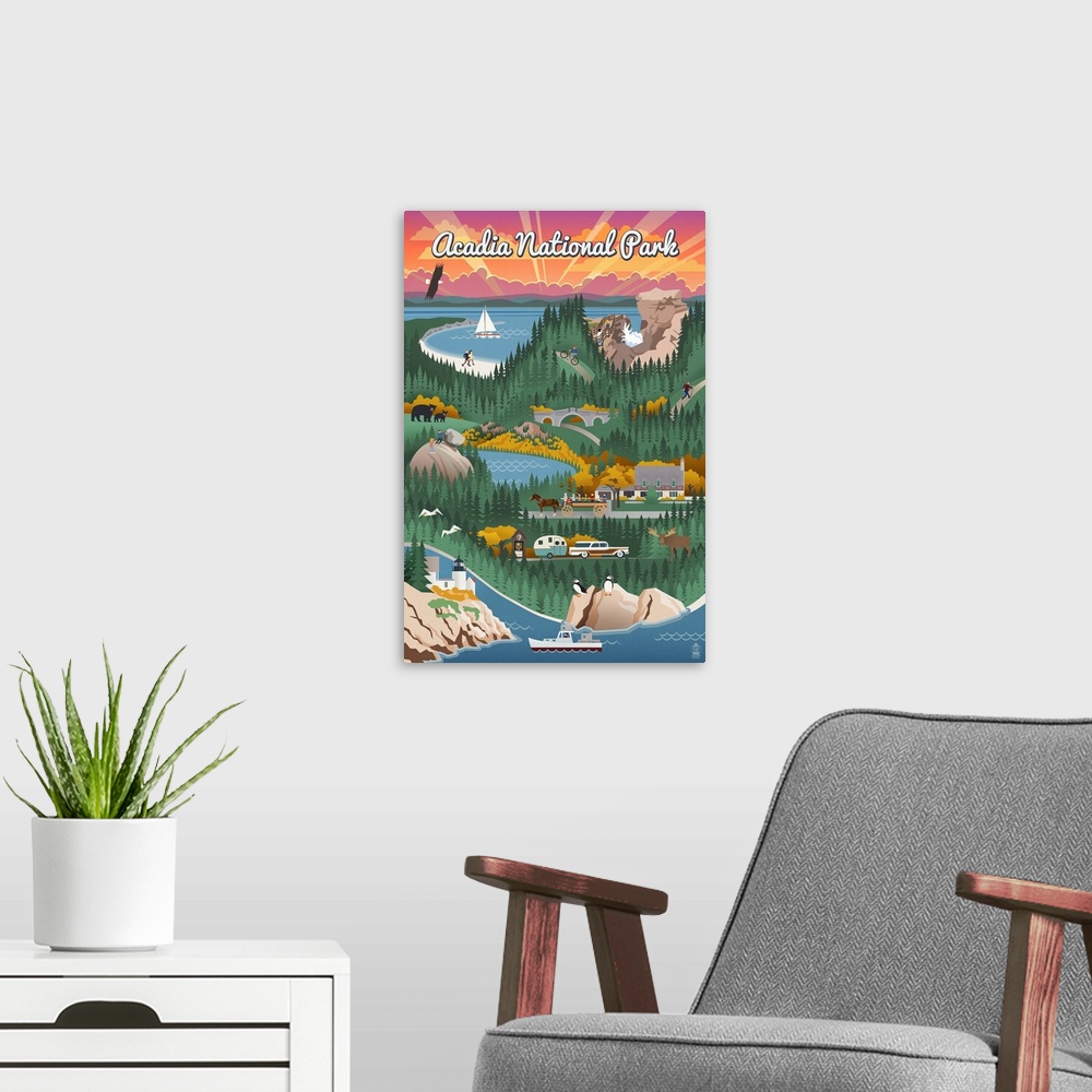 A modern room featuring Acadia National Park, Adventure: Retro Travel Poster