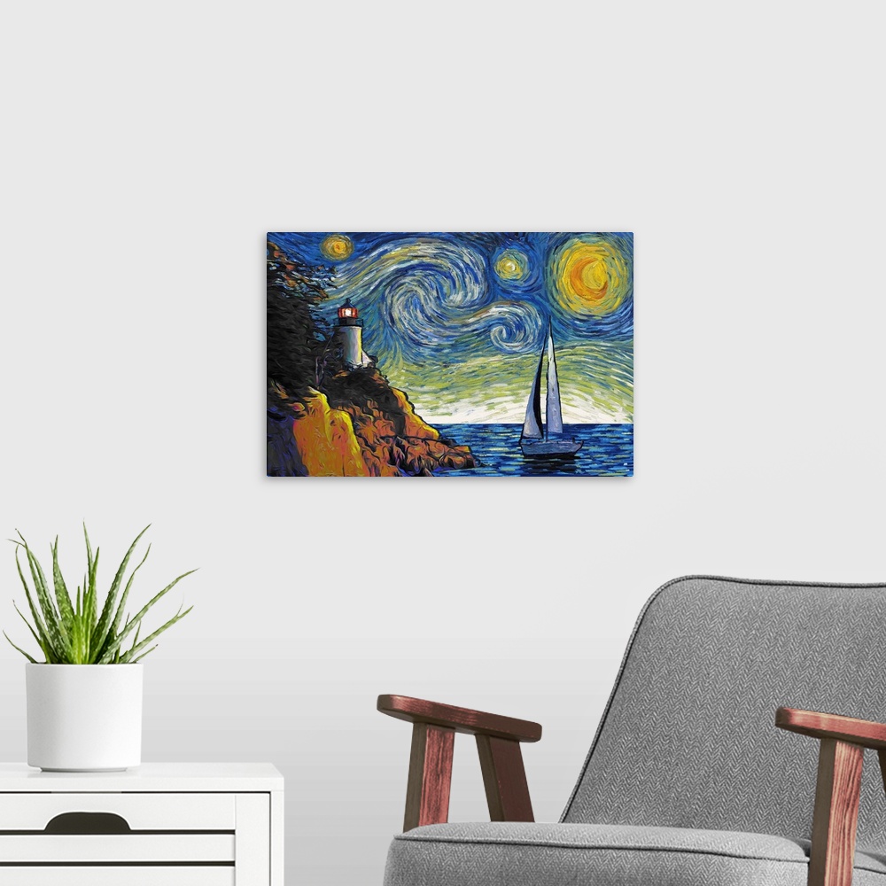 A modern room featuring Acadia National Park  - Bass Harbor Lighthouse - Starry Night National Park Series