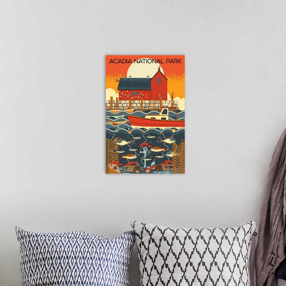 A bohemian room featuring Acadia National Park, Fishing: Graphic Travel Poster