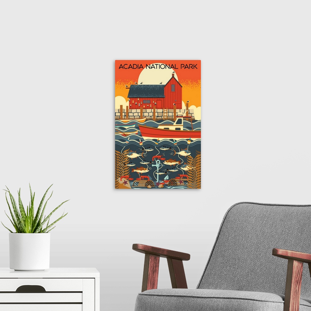 A modern room featuring Acadia National Park, Fishing: Graphic Travel Poster