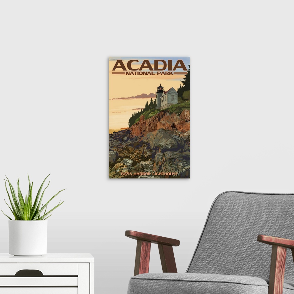 A modern room featuring Acadia National Park, Maine - Bass Harbor Lighthouse: Retro Travel Poster
