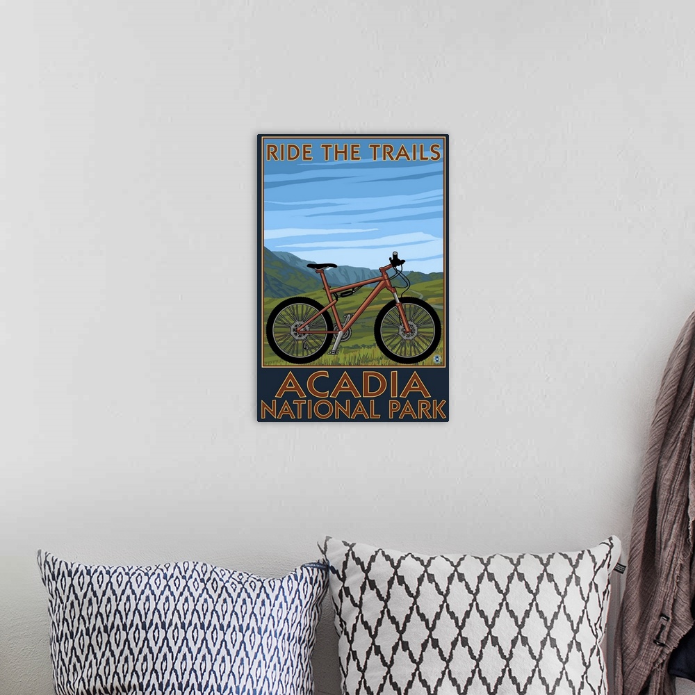 A bohemian room featuring Acadia National Park, Maine - Bicycle Scene: Retro Travel Poster