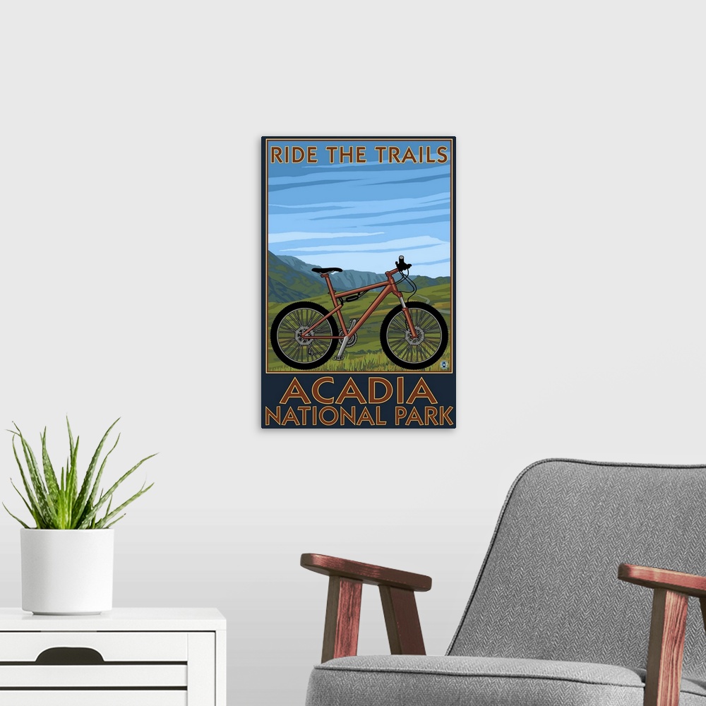 A modern room featuring Acadia National Park, Maine - Bicycle Scene: Retro Travel Poster