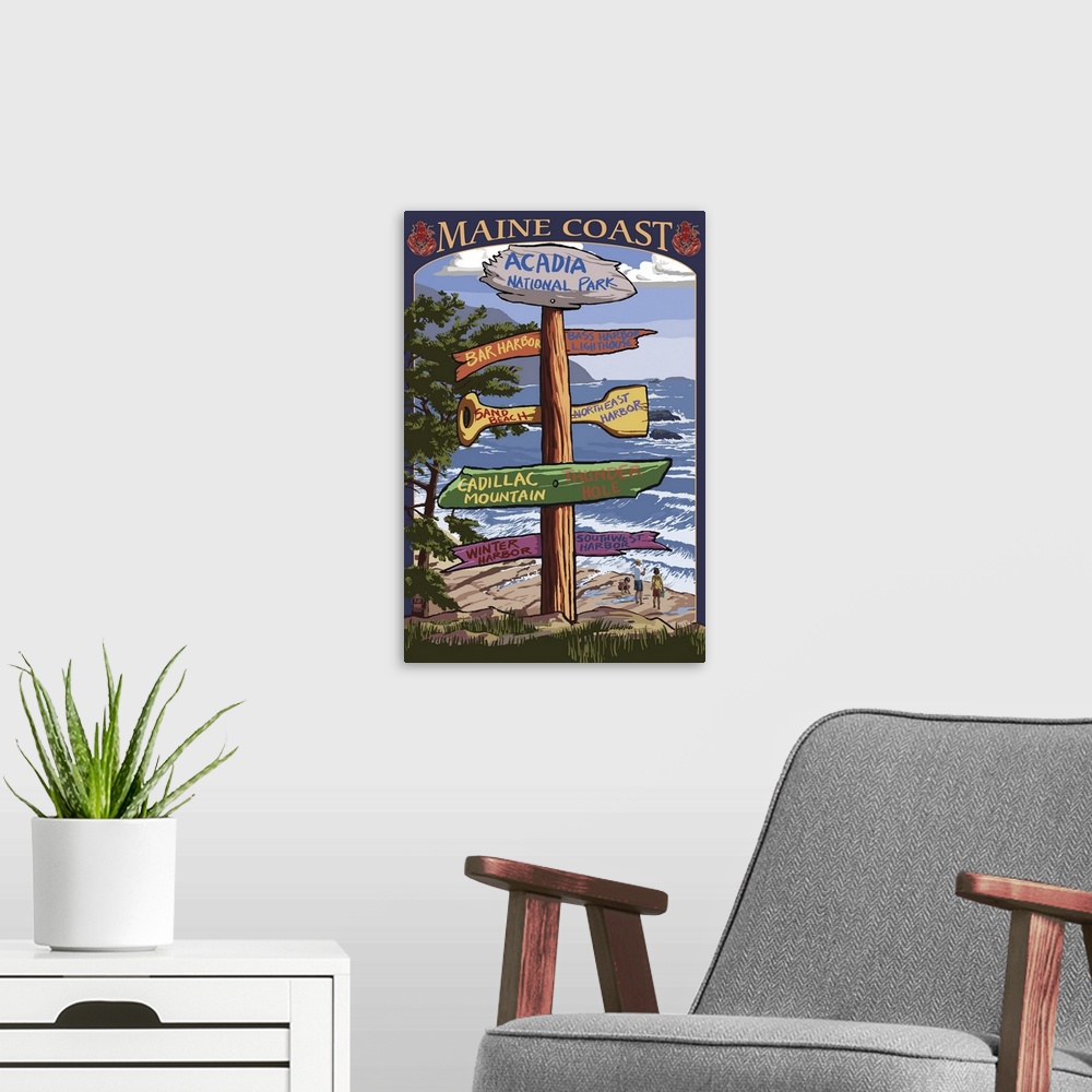 A modern room featuring Acadia National Park, Maine, Destination Sign