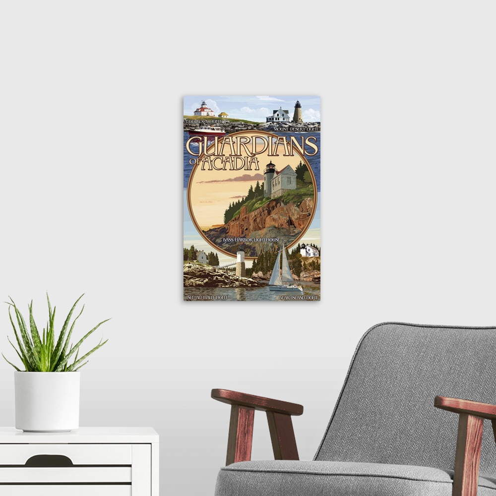 A modern room featuring Acadia National Park, Maine - Guardians of Acadia Lighthouses: Retro Travel Poster