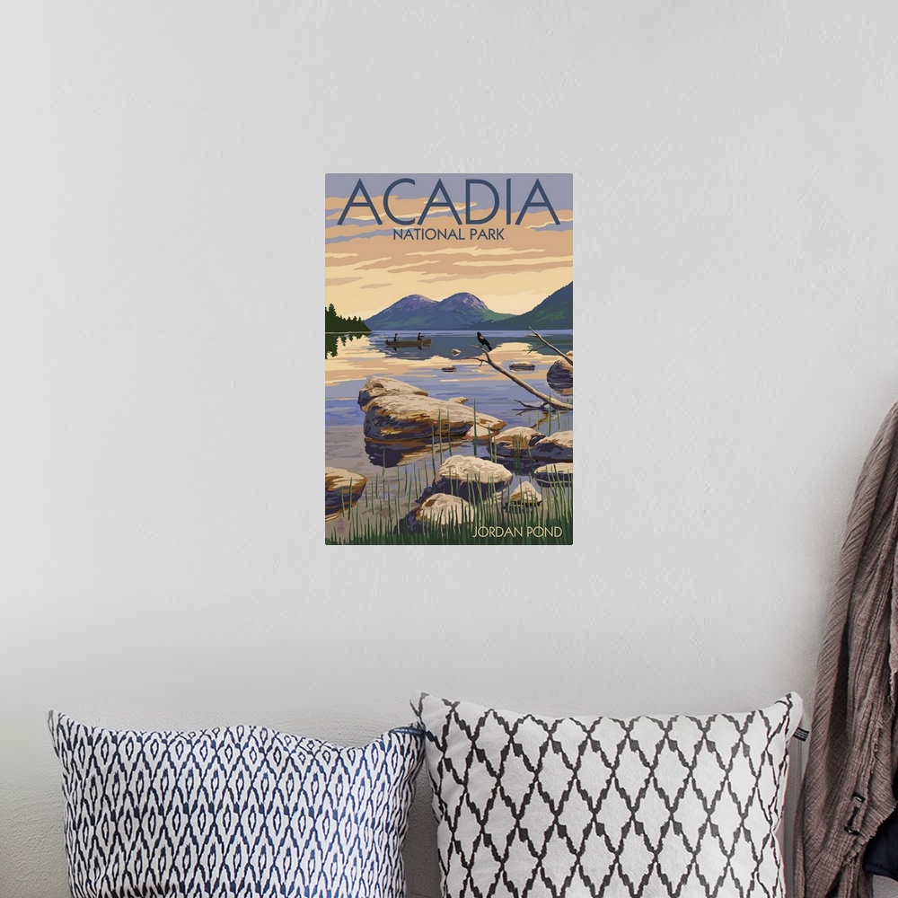 A bohemian room featuring Acadia National Park, Maine - Jordan Pond: Retro Travel Poster