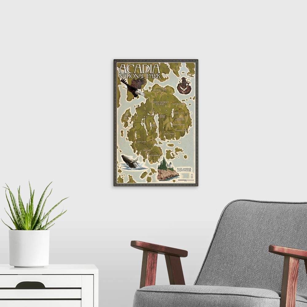 A modern room featuring Acadia National Park, Maine - Map: Retro Travel Poster