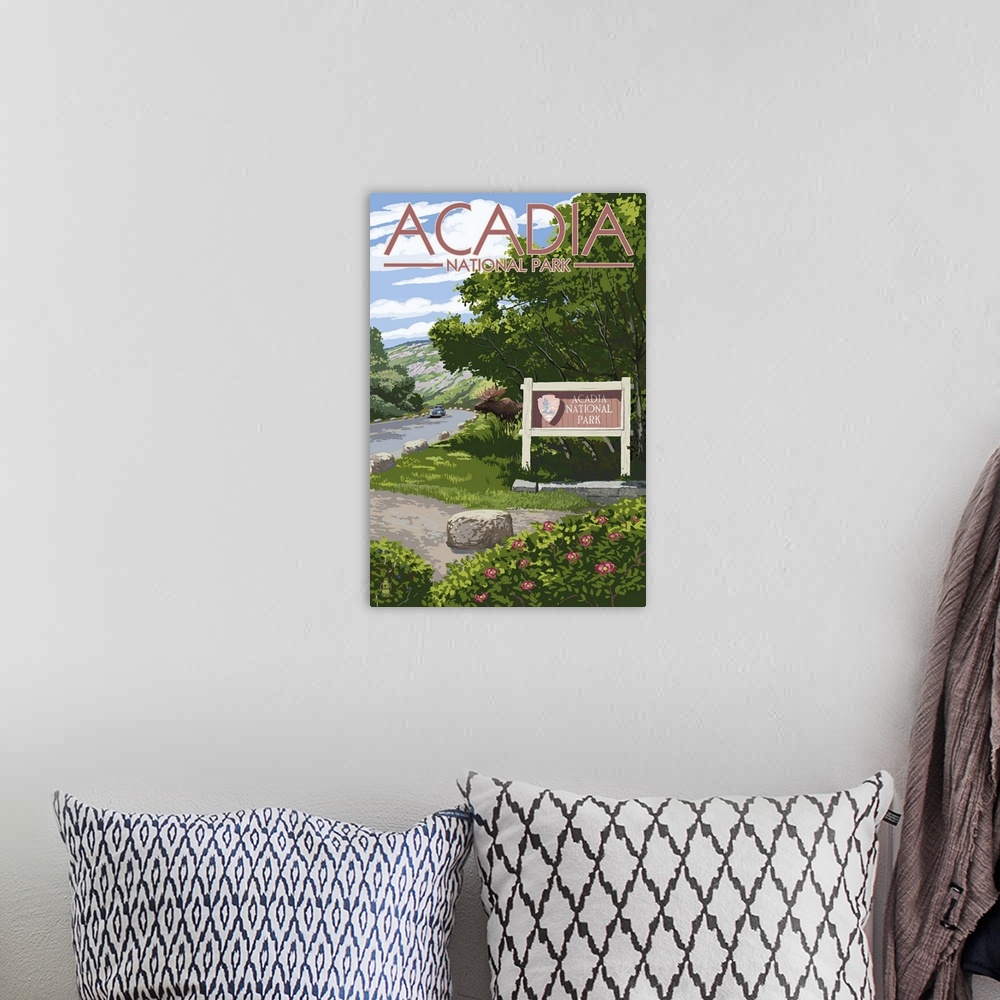 A bohemian room featuring Acadia National Park, Maine - Park Entrance Sign and Moose: Retro Travel Poster