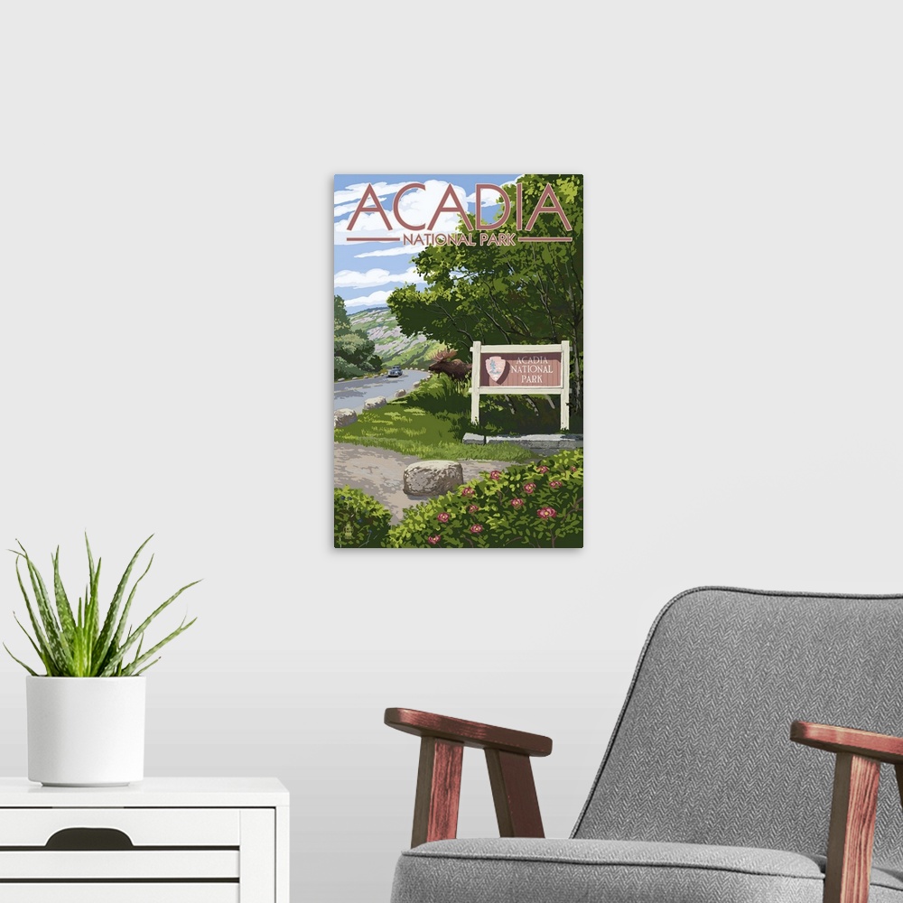 A modern room featuring Acadia National Park, Maine - Park Entrance Sign and Moose: Retro Travel Poster