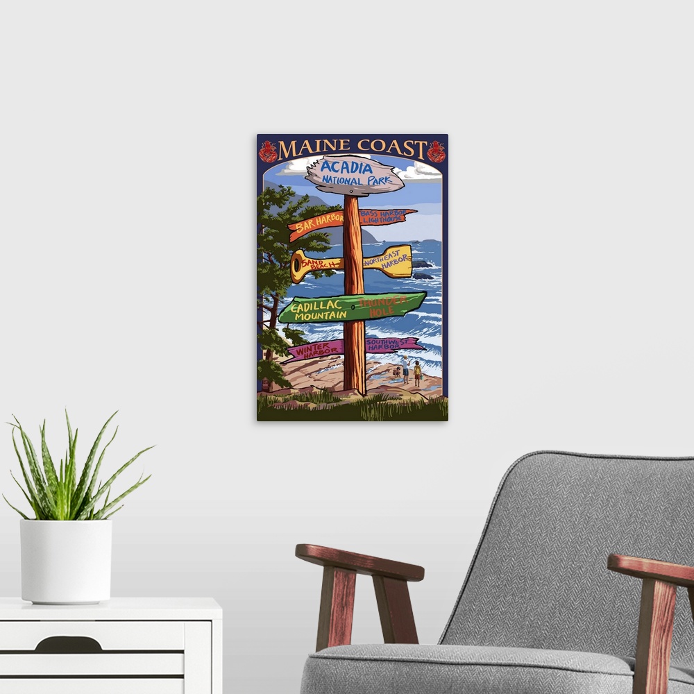 A modern room featuring Acadia National Park, Maine - Sign Destinations: Retro Travel Poster