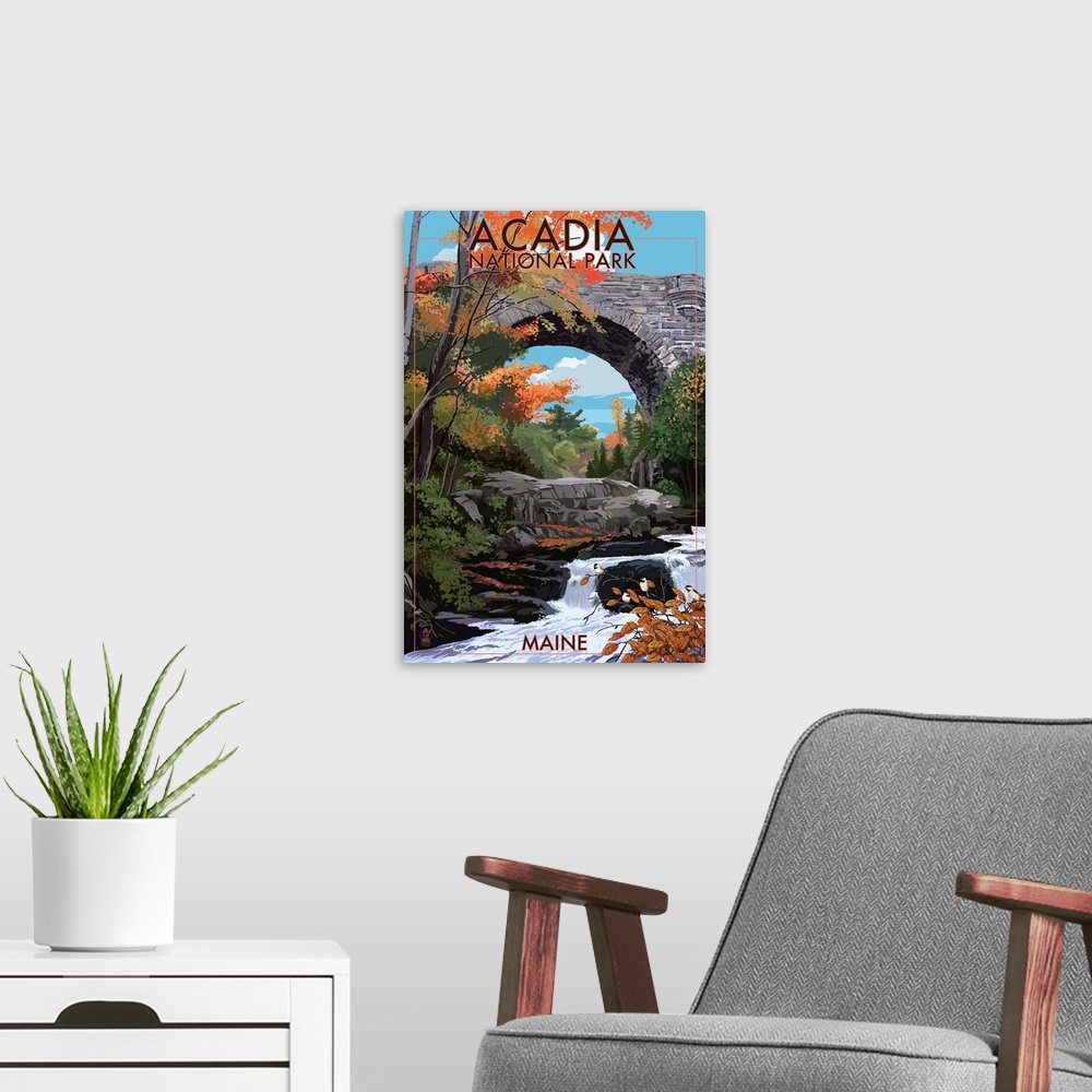 A modern room featuring Acadia National Park, Maine - Stone Bridge: Retro Travel Poster