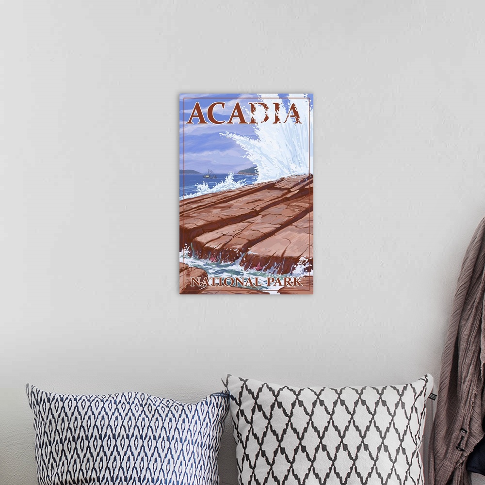 A bohemian room featuring Acadia National Park, Maine - Waves and Boat: Retro Travel Poster