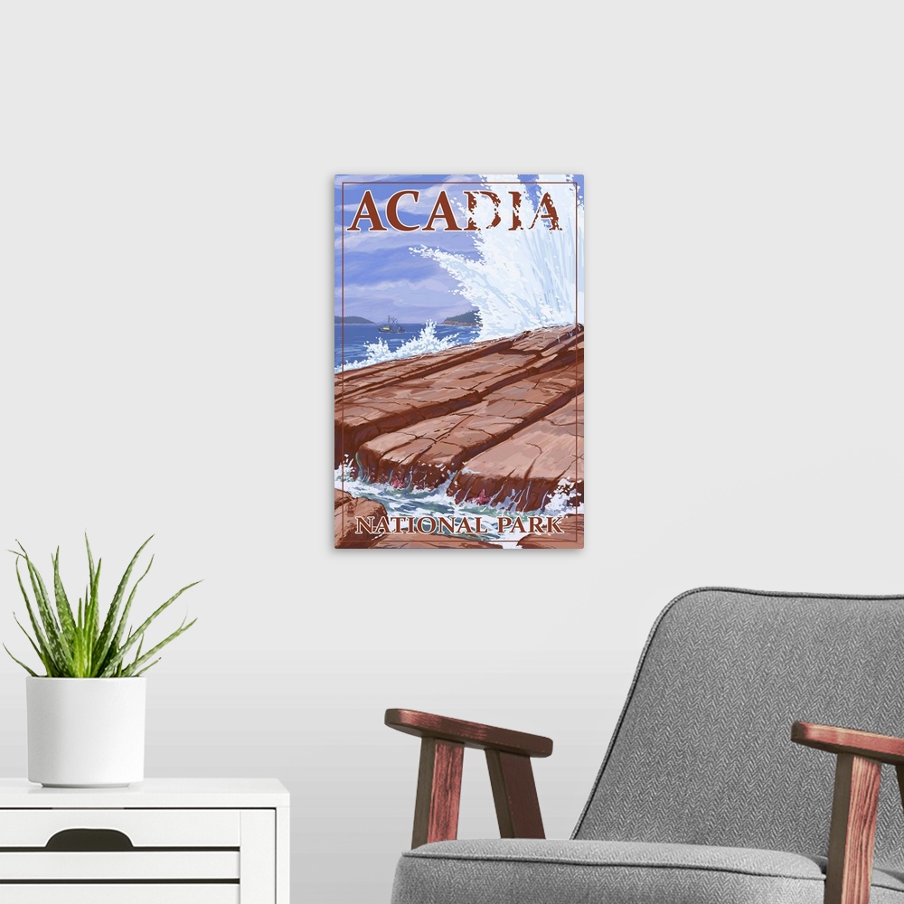 A modern room featuring Acadia National Park, Maine - Waves and Boat: Retro Travel Poster