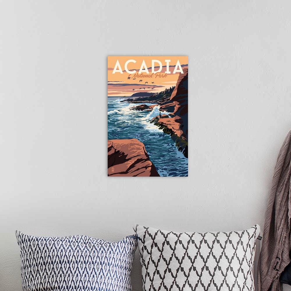 A bohemian room featuring Acadia National Park, Rocky Beach: Retro Travel Poster