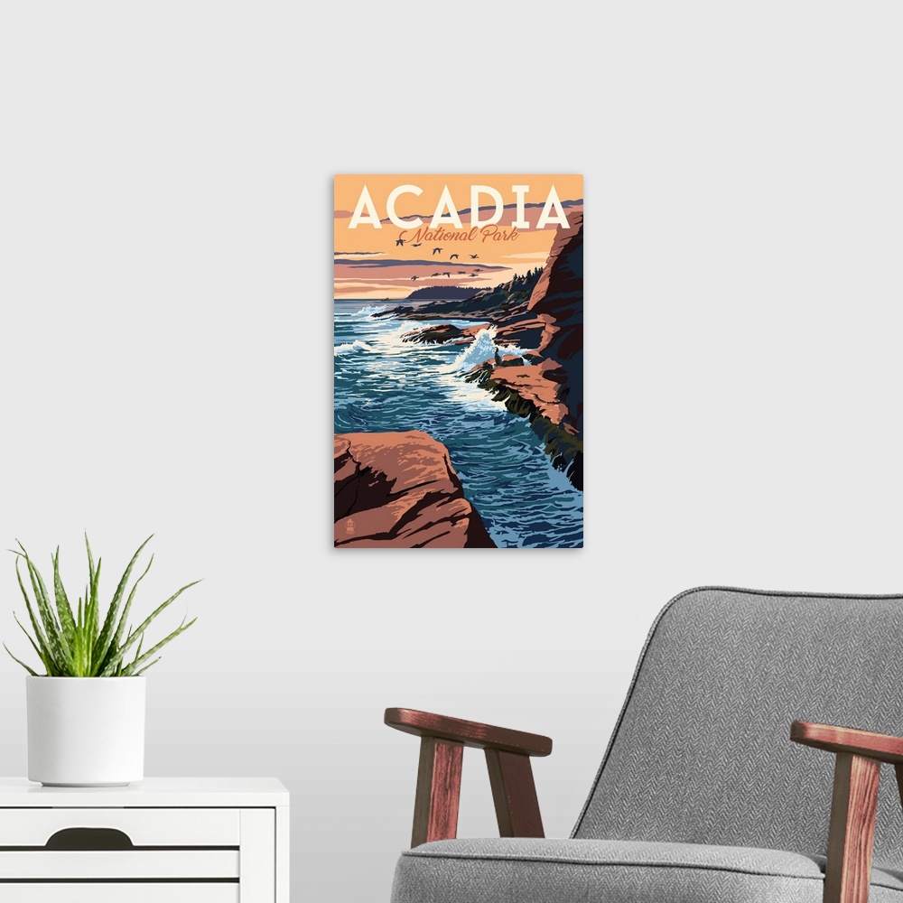 A modern room featuring Acadia National Park, Rocky Beach: Retro Travel Poster