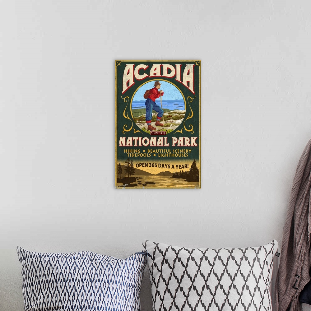 A bohemian room featuring Retro stylized art poster of a profile of a hiker taking a rest.