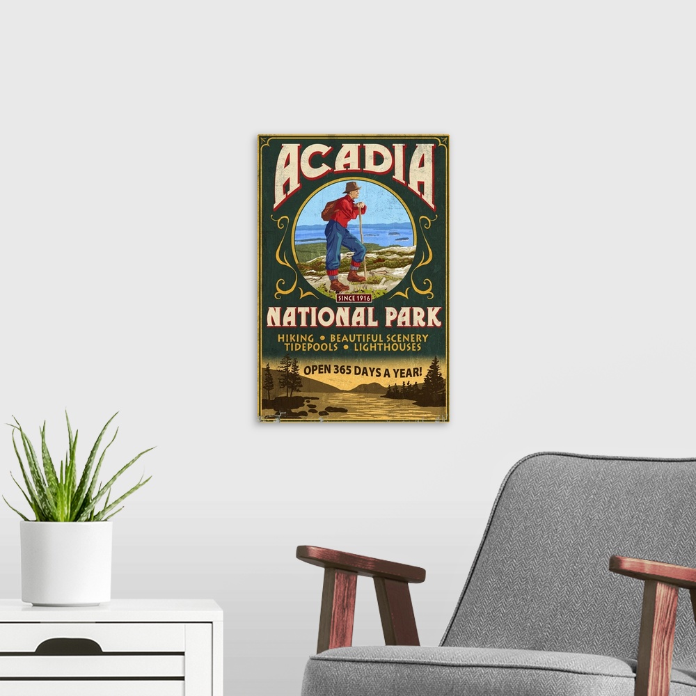 A modern room featuring Retro stylized art poster of a profile of a hiker taking a rest.