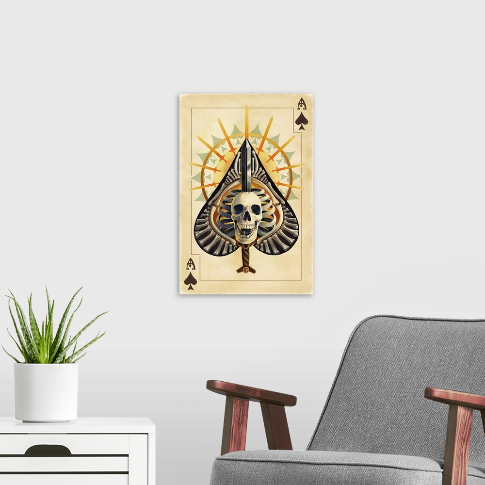 A modern room featuring Ace of Spades - Playing Card: Retro Art Poster