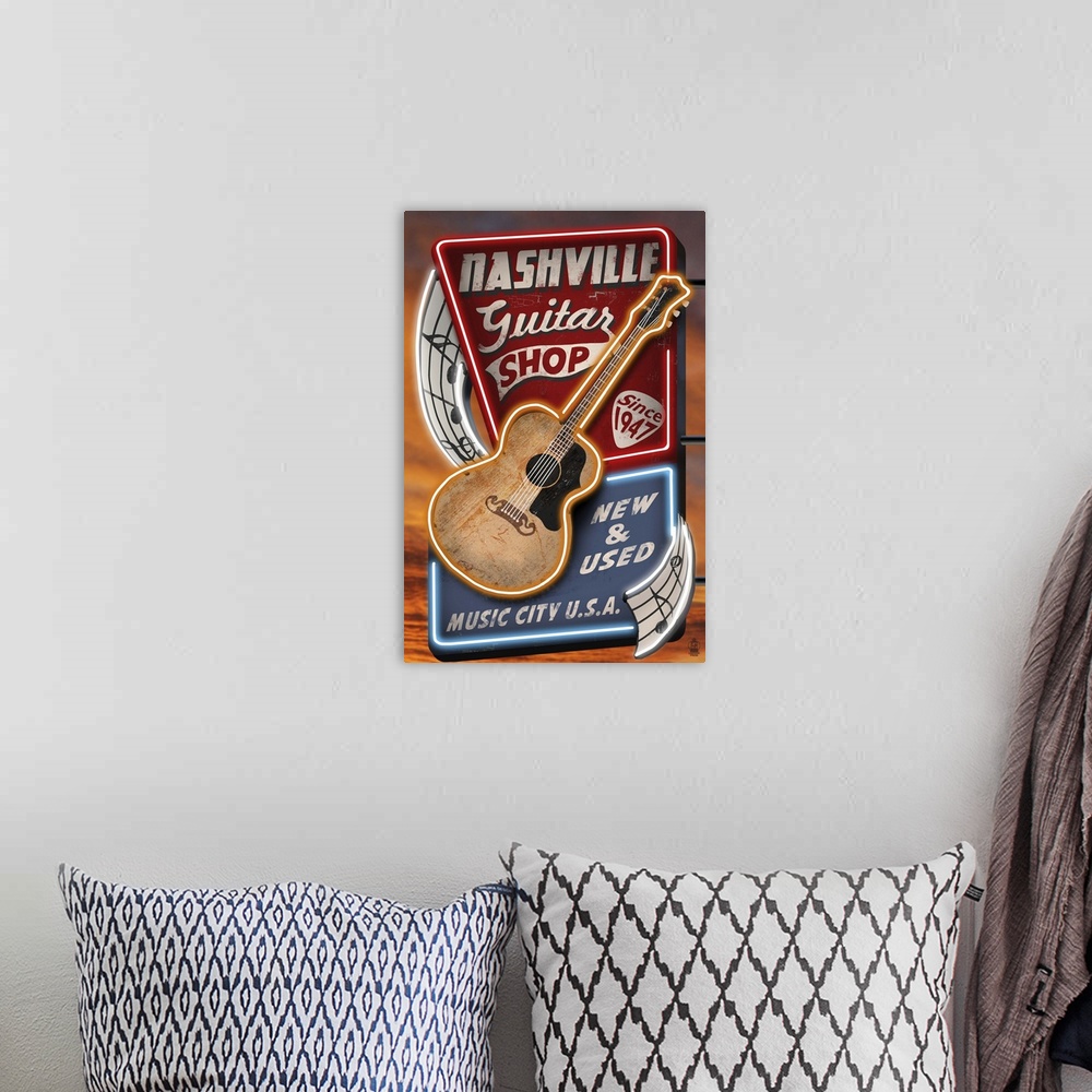 A bohemian room featuring Acoustic Guitar Music Shop - Nashville, Tennessee: Retro Travel Poster
