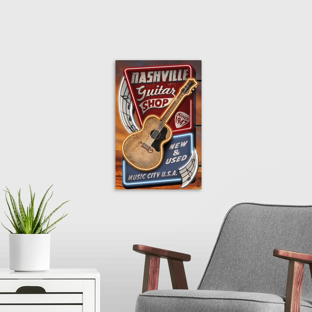 A modern room featuring Acoustic Guitar Music Shop - Nashville, Tennessee: Retro Travel Poster