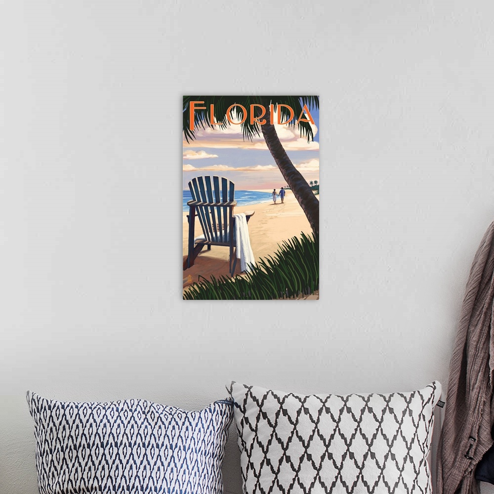 A bohemian room featuring Adirondack Chairs and Sunset - Florida: Retro Travel Poster