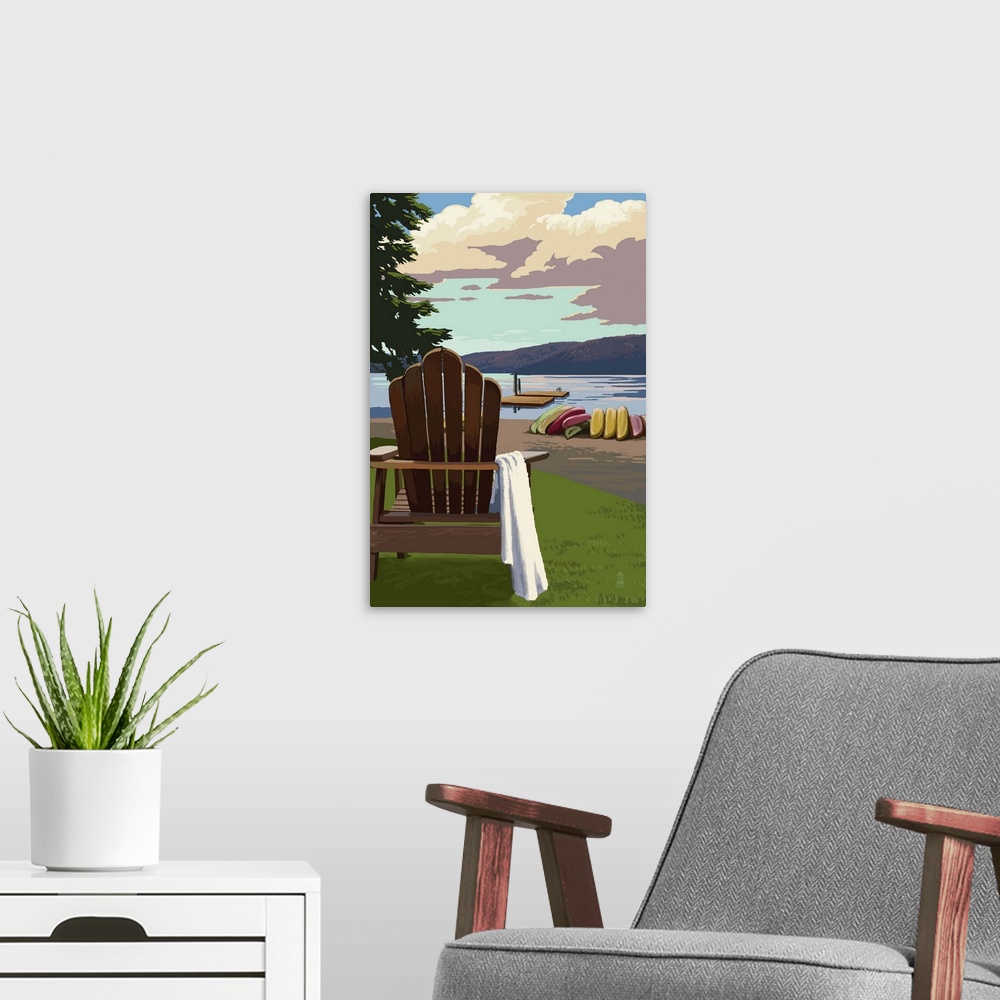 A modern room featuring Adirondack Chairs: Retro Poster Art