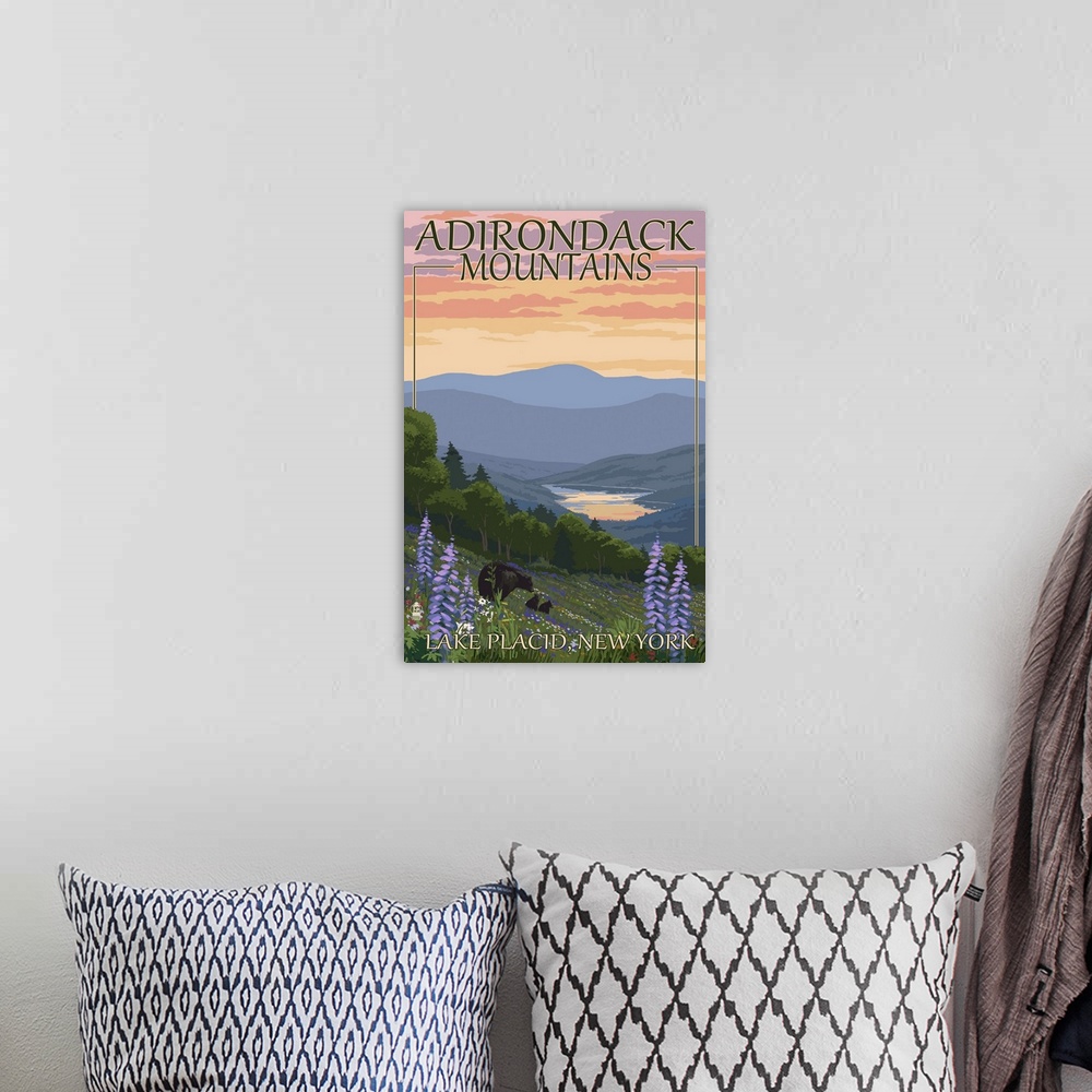 A bohemian room featuring Adirondacks Mountains - Lake Placid, New York - Bears and Flowers: Retro Travel Poster