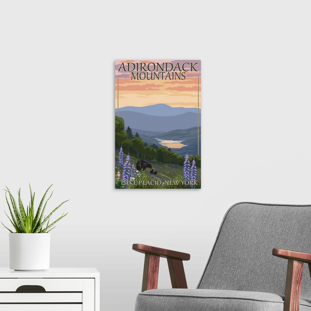 A modern room featuring Adirondacks Mountains - Lake Placid, New York - Bears and Flowers: Retro Travel Poster