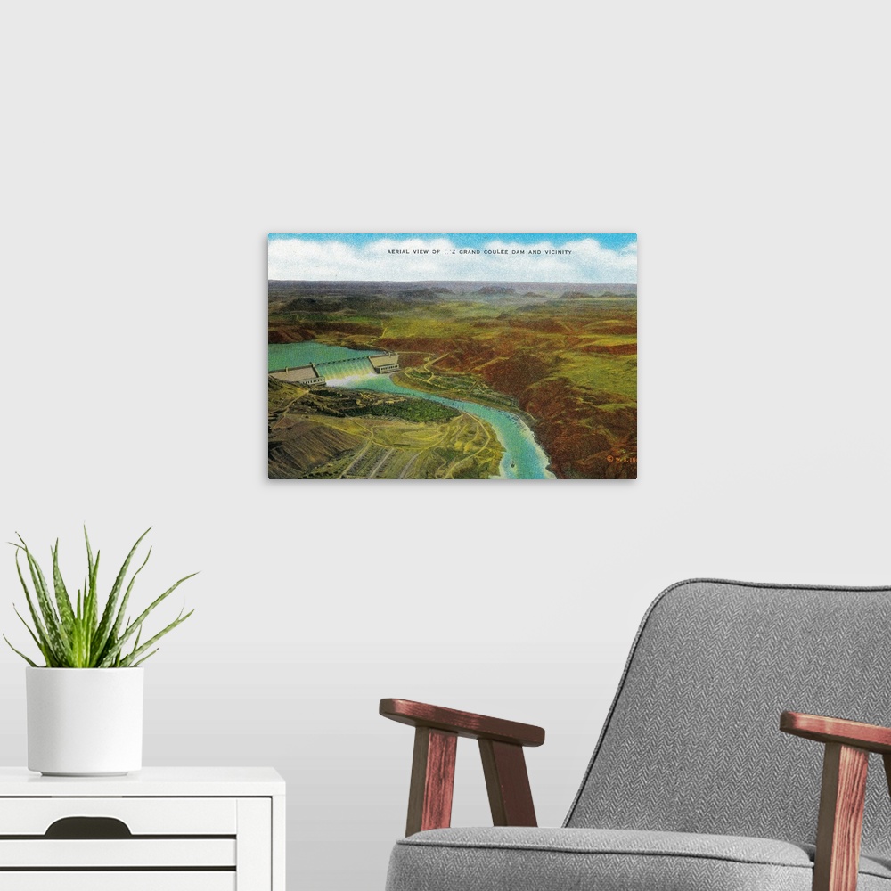 A modern room featuring Aerial view of Grand Coulee Dam, WA