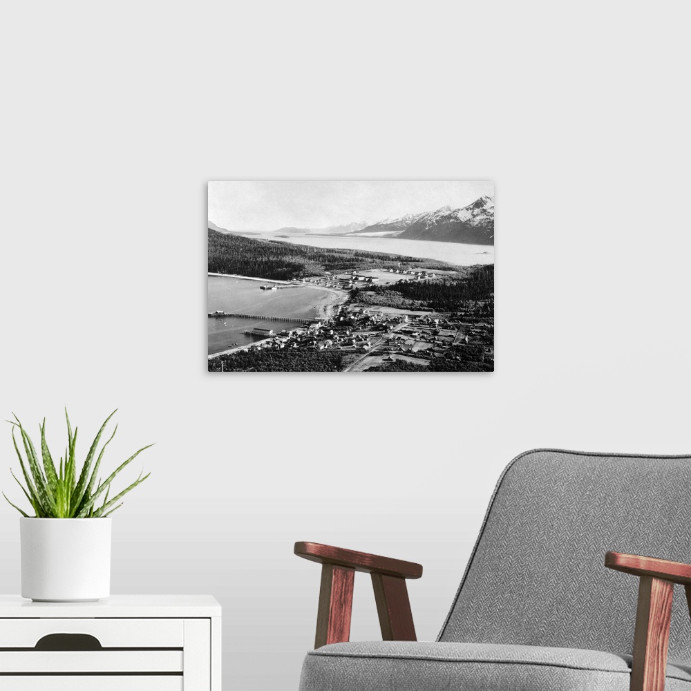 A modern room featuring Aerial view of Haines, Alaska location of Fort Seward