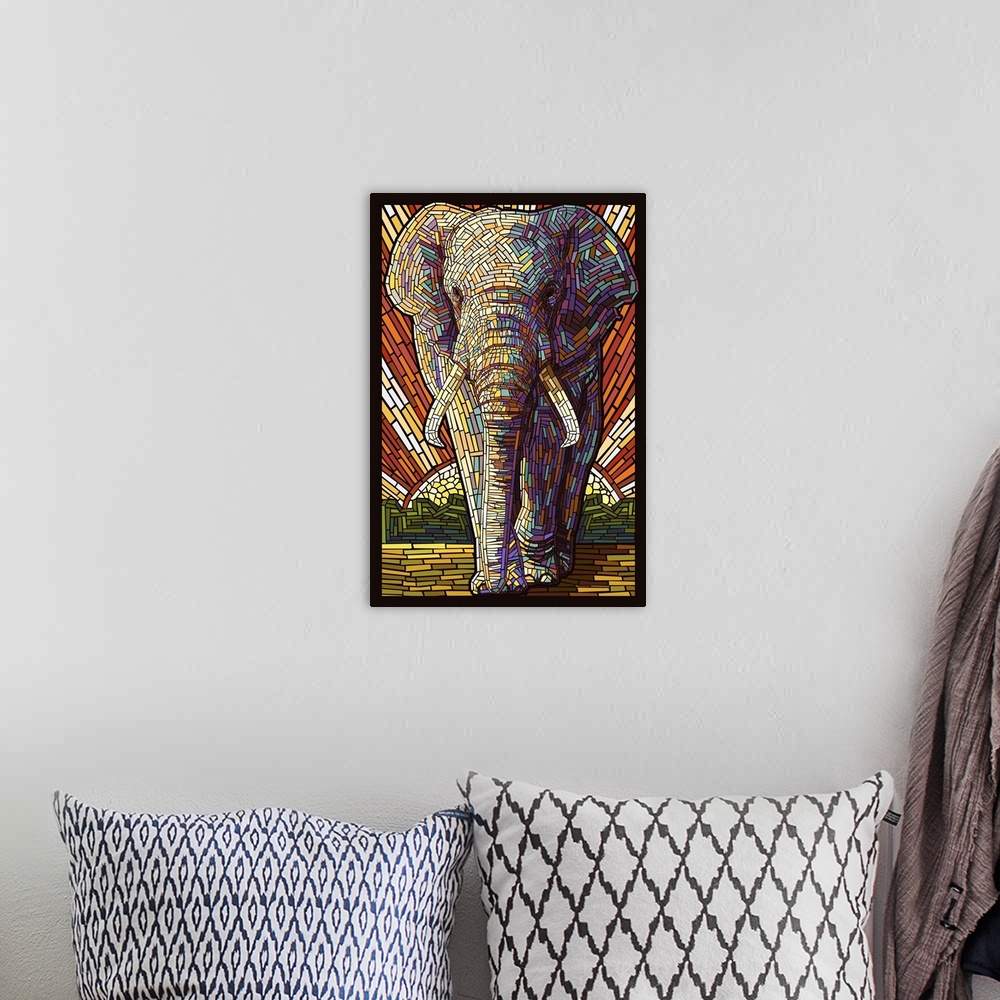 A bohemian room featuring African Elephant - Paper Mosaic: Retro Art Poster